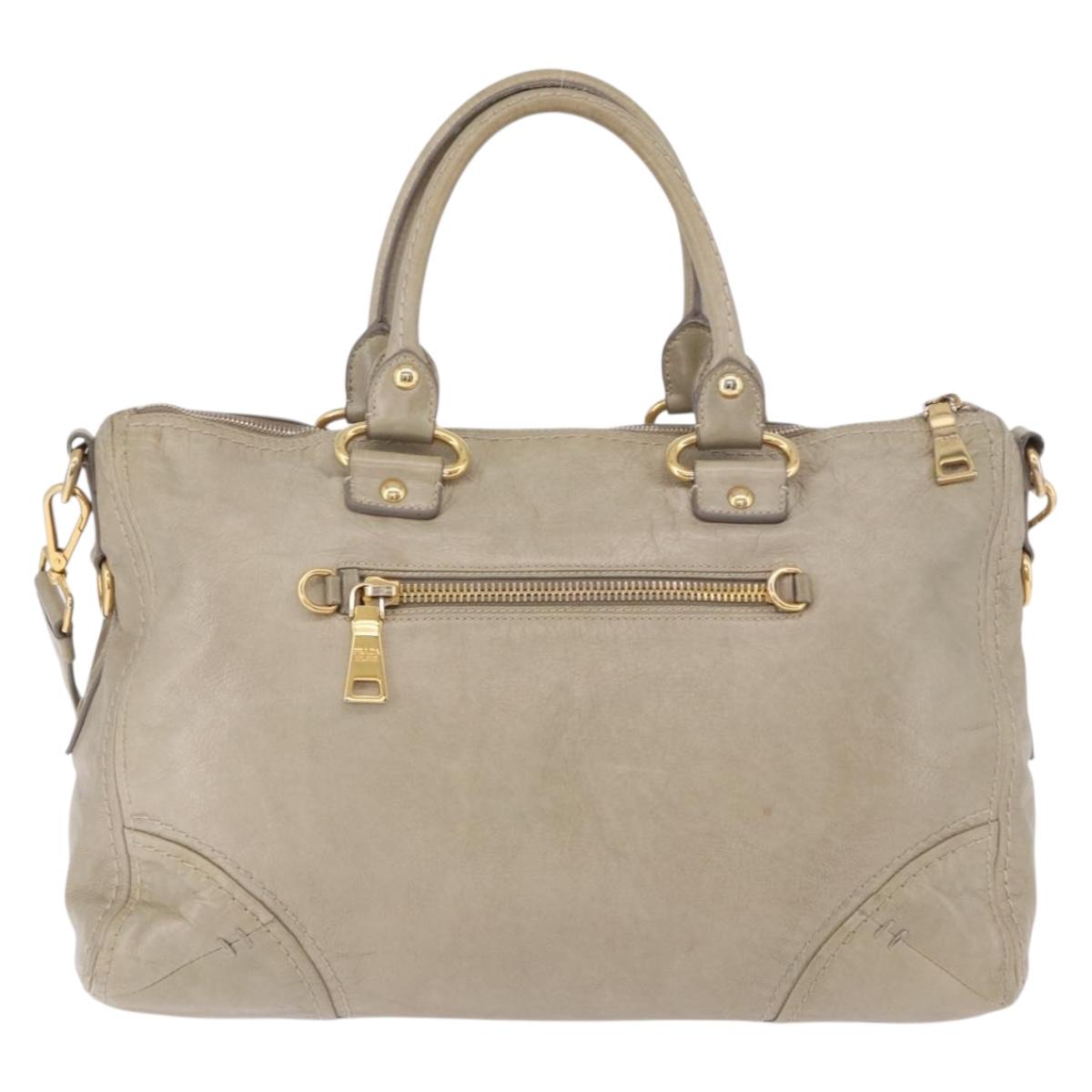 PRADA Hand Bag Leather 2way Khaki Gold Auth 185582A