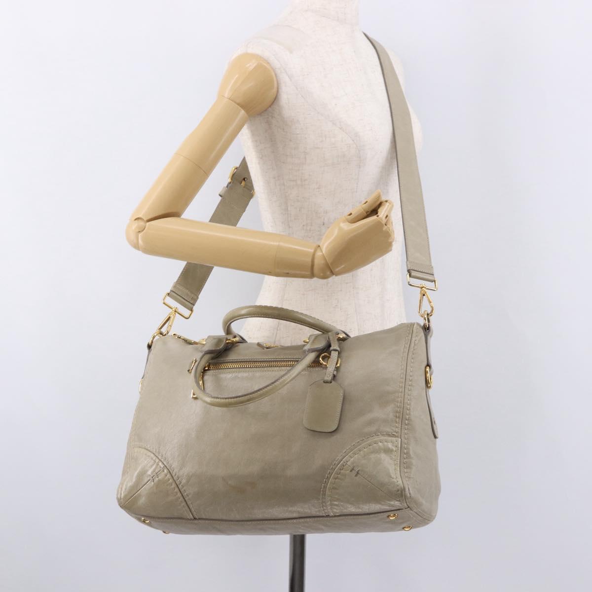 PRADA Hand Bag Leather 2way Khaki Gold Auth 185582A
