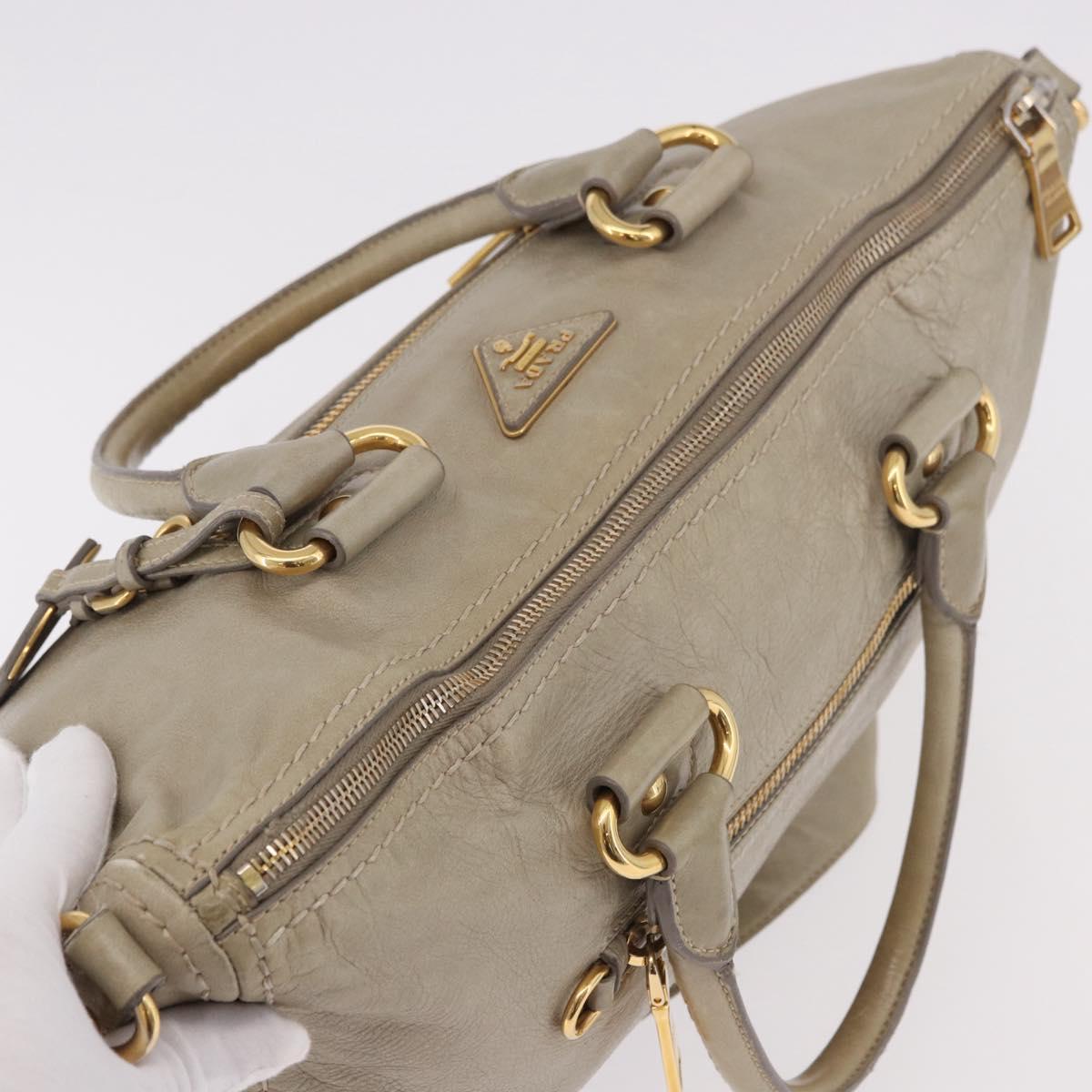 PRADA Hand Bag Leather 2way Khaki Gold Auth 185582A