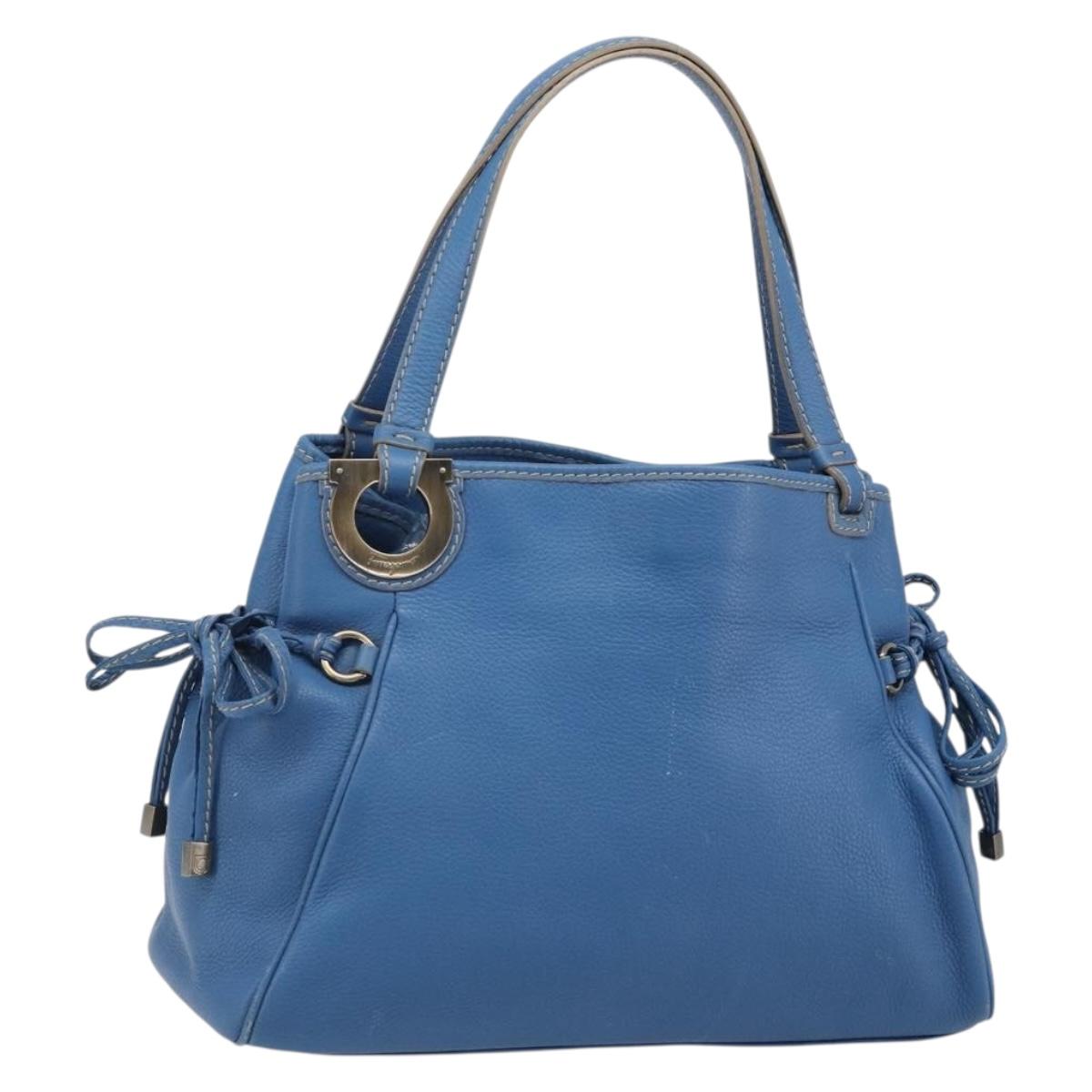Salvatore Ferragamo Gancini Tote Bag Leather Blue Gold Auth 185584A