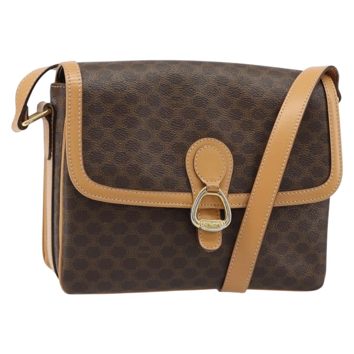 CELINE Macadam Canvas Shoulder Bag PVC Leather Brown Gold Auth 185586A