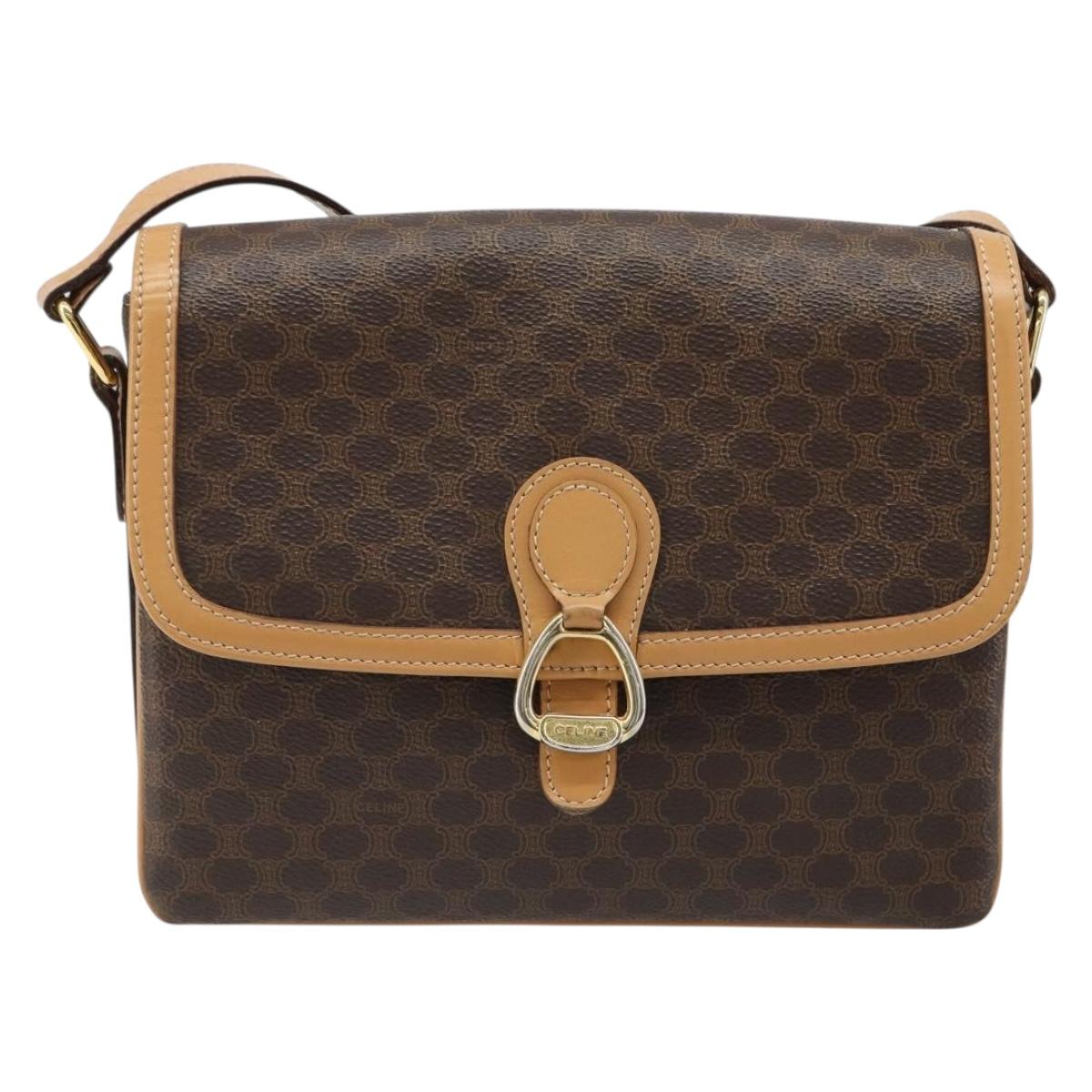 CELINE Macadam Canvas Shoulder Bag PVC Leather Brown Gold Auth 185586A