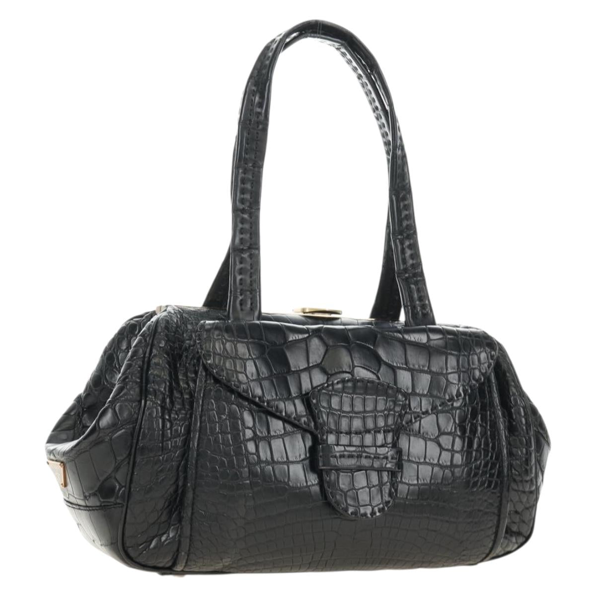 PRADA Hand Bag Leather Croco Embossed Black Gold Auth 185588V