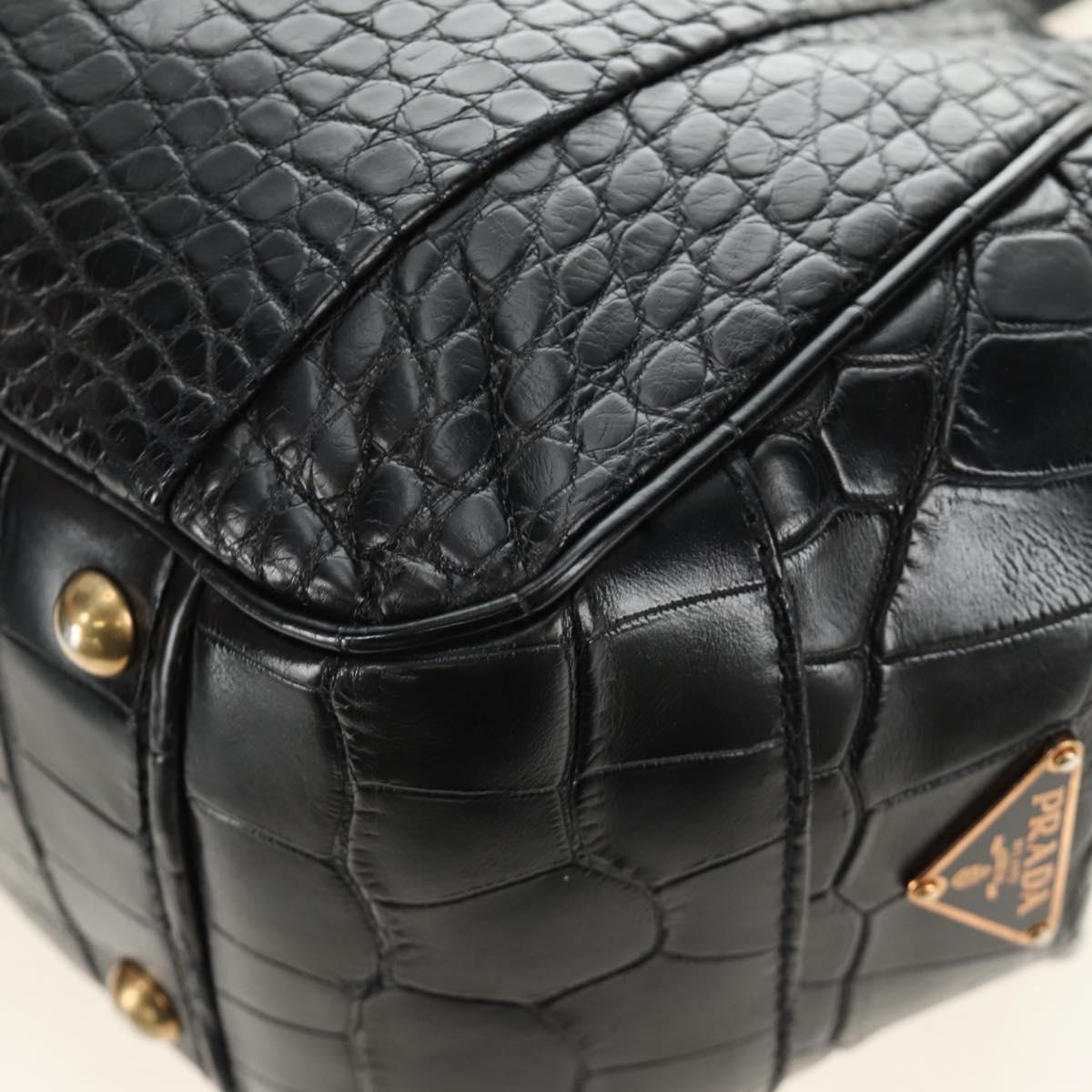 PRADA Hand Bag Leather Croco Embossed Black Gold Auth 185588V