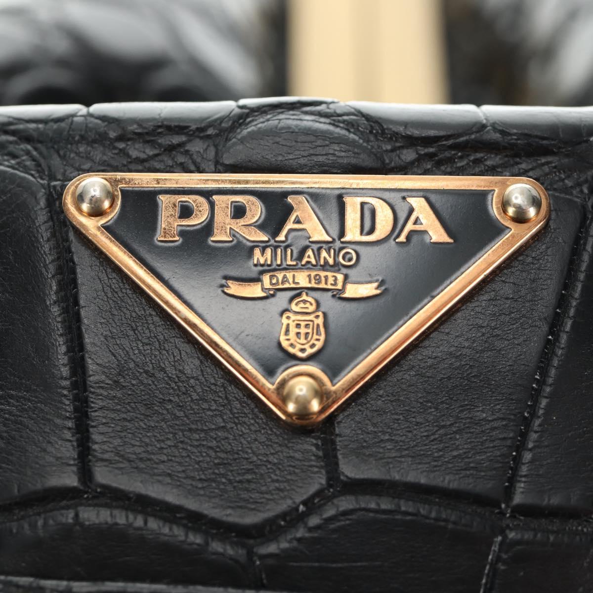 PRADA Hand Bag Leather Croco Embossed Black Gold Auth 185588V