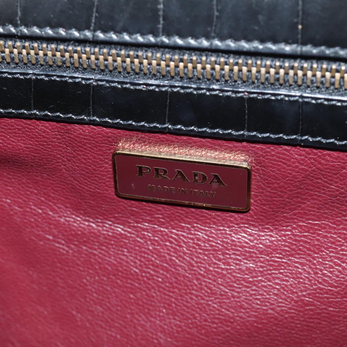 PRADA Hand Bag Leather Croco Embossed Black Gold Auth 185588V
