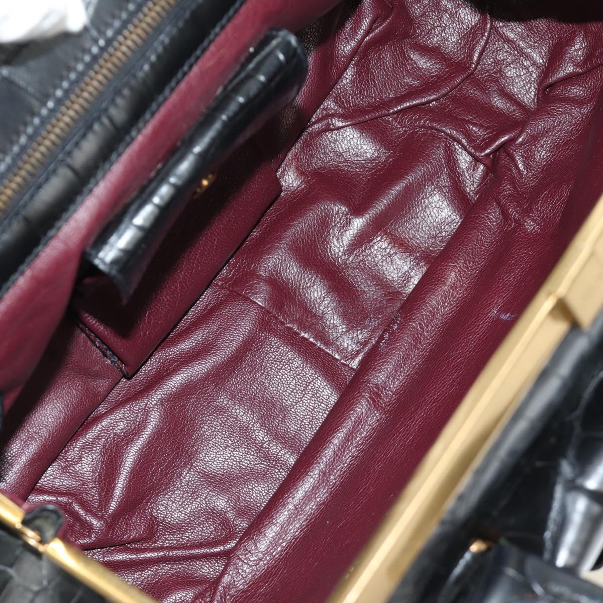 PRADA Hand Bag Leather Croco Embossed Black Gold Auth 185588V