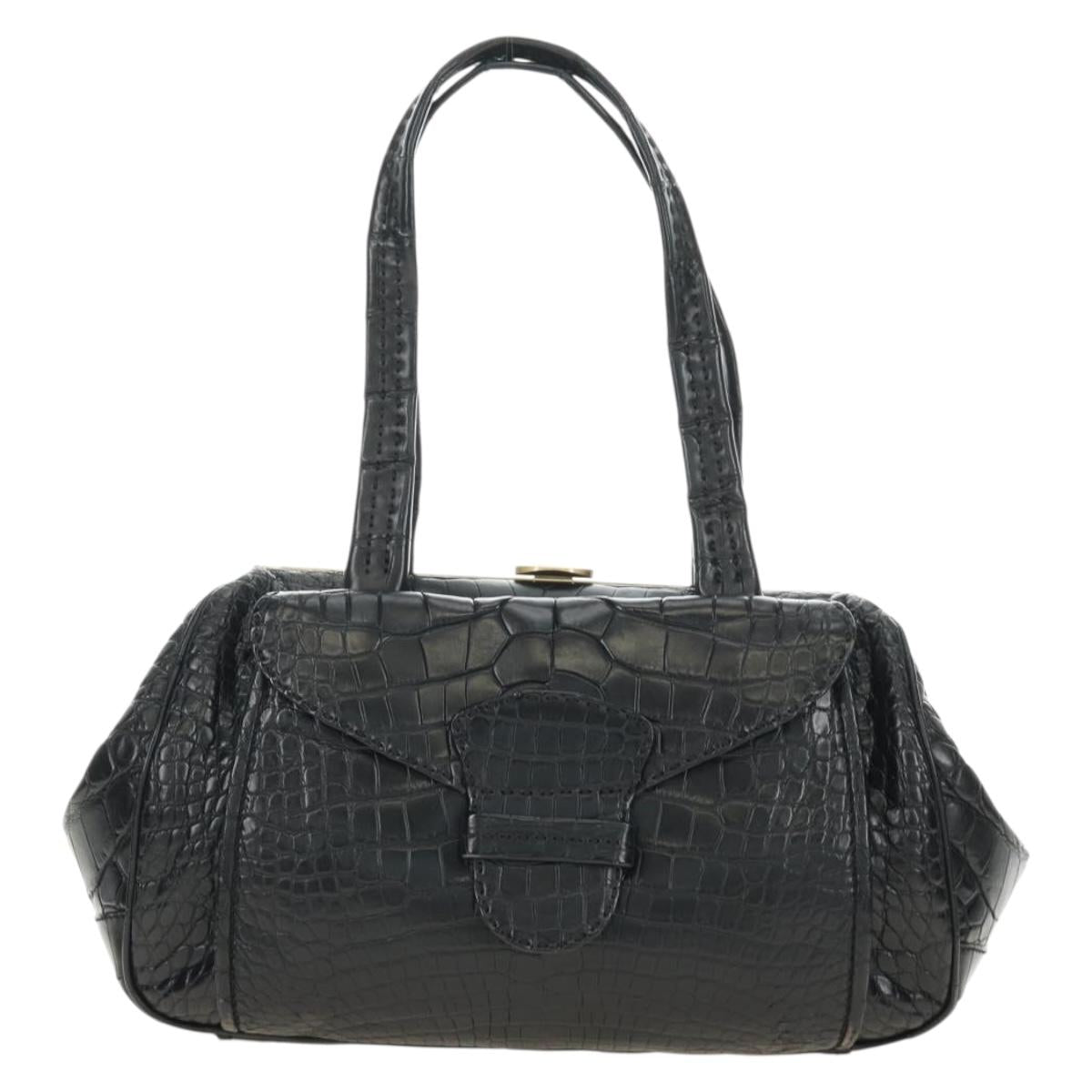 PRADA Hand Bag Leather Croco Embossed Black Gold Auth 185588V