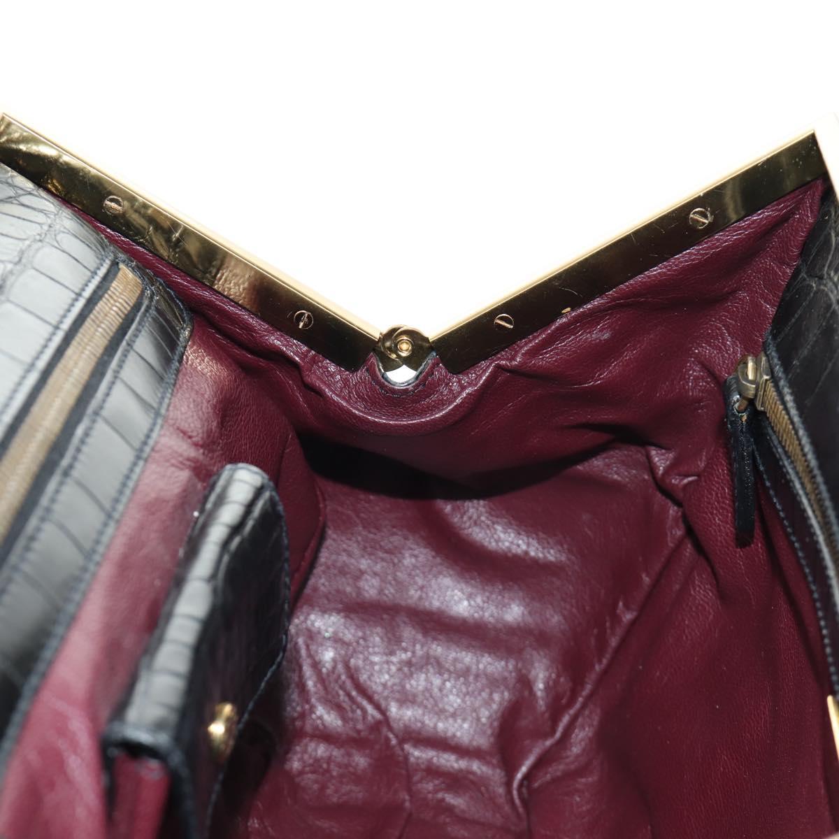 PRADA Hand Bag Leather Croco Embossed Black Gold Auth 185588V