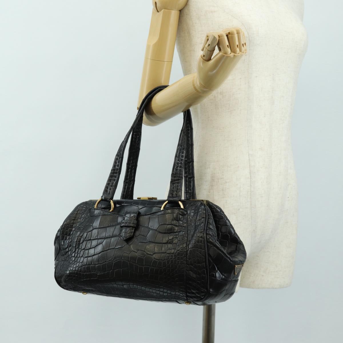 PRADA Hand Bag Leather Croco Embossed Black Gold Auth 185588V