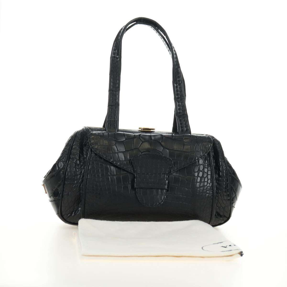 PRADA Hand Bag Leather Croco Embossed Black Gold Auth 185588V