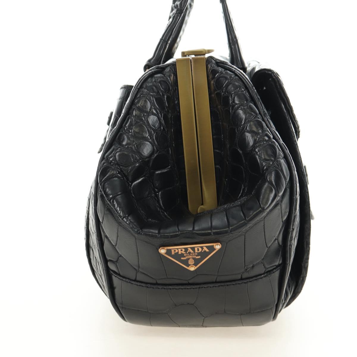 PRADA Hand Bag Leather Croco Embossed Black Gold Auth 185588V