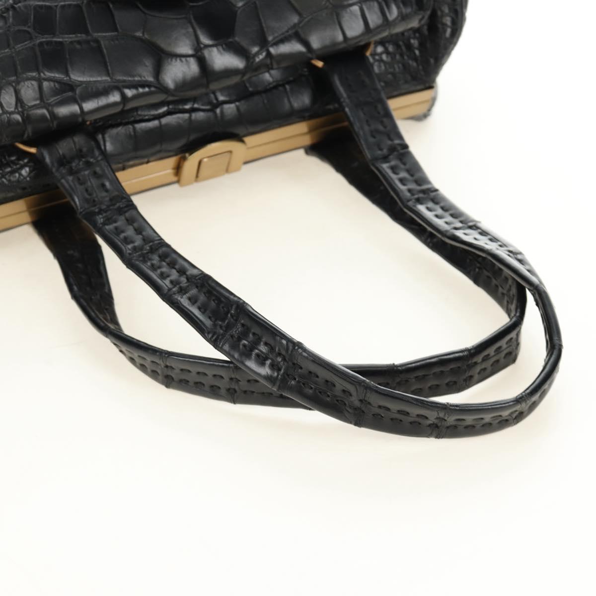 PRADA Hand Bag Leather Croco Embossed Black Gold Auth 185588V