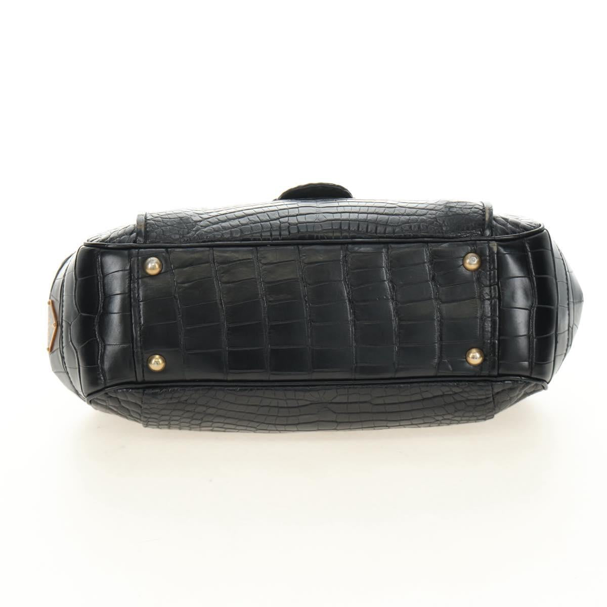 PRADA Hand Bag Leather Croco Embossed Black Gold Auth 185588V