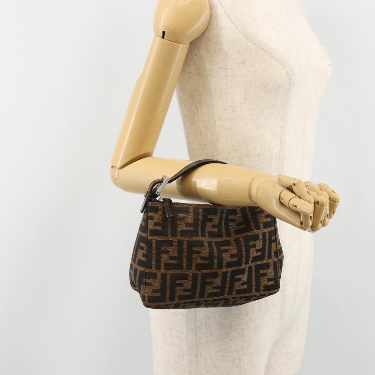 FENDI Zucca Canvas Hand Pouch Black Brown Auth 185591