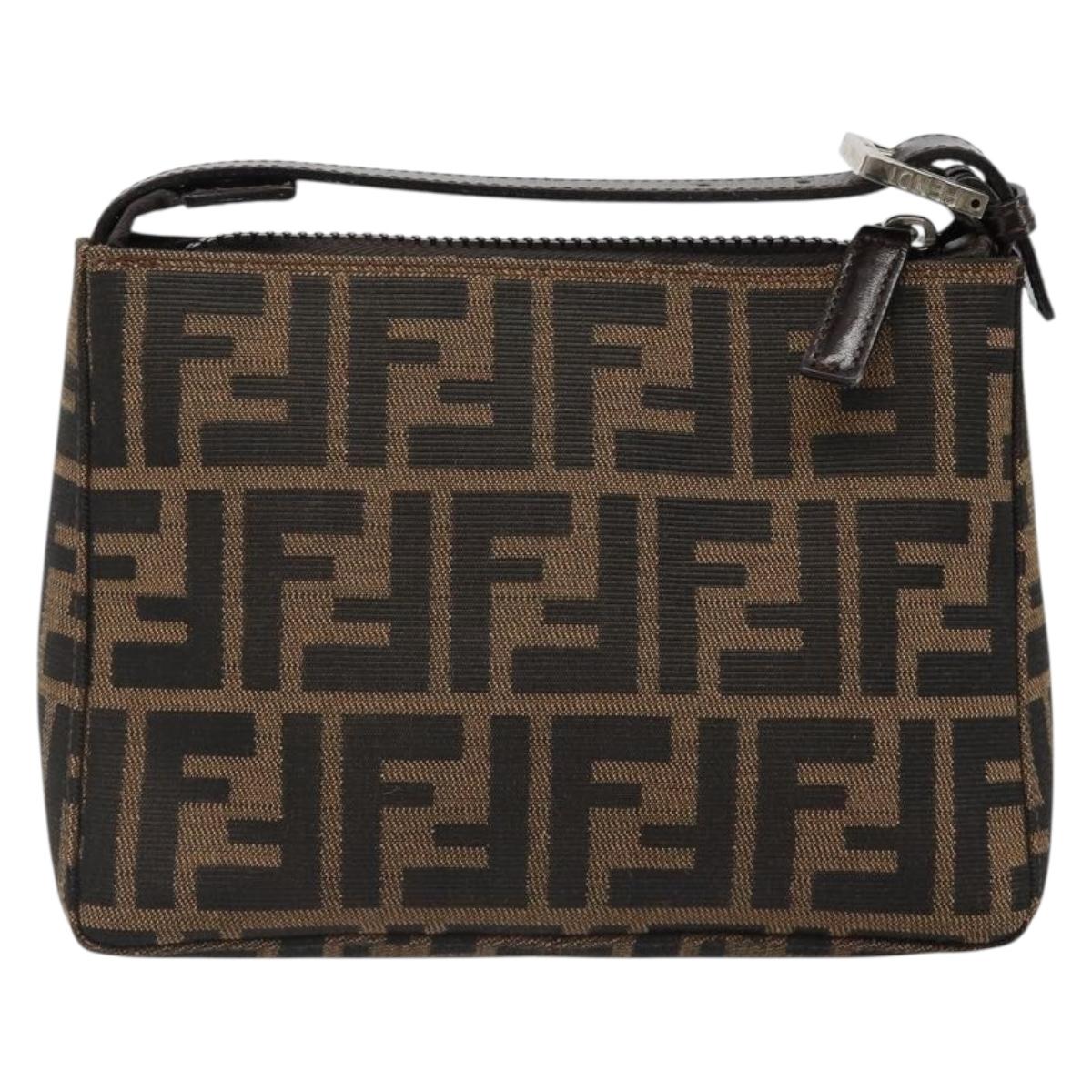 FENDI Zucca Canvas Hand Pouch Black Brown Auth 185591