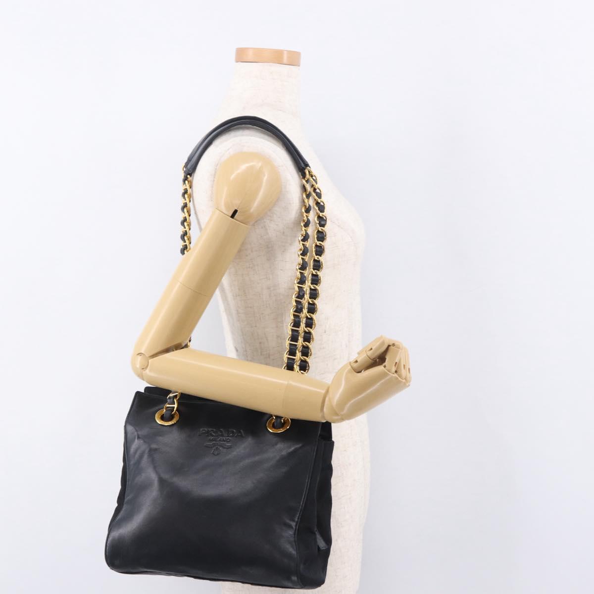 PRADA Chain Shoulder Bag Leather Black Gold Auth 185597A