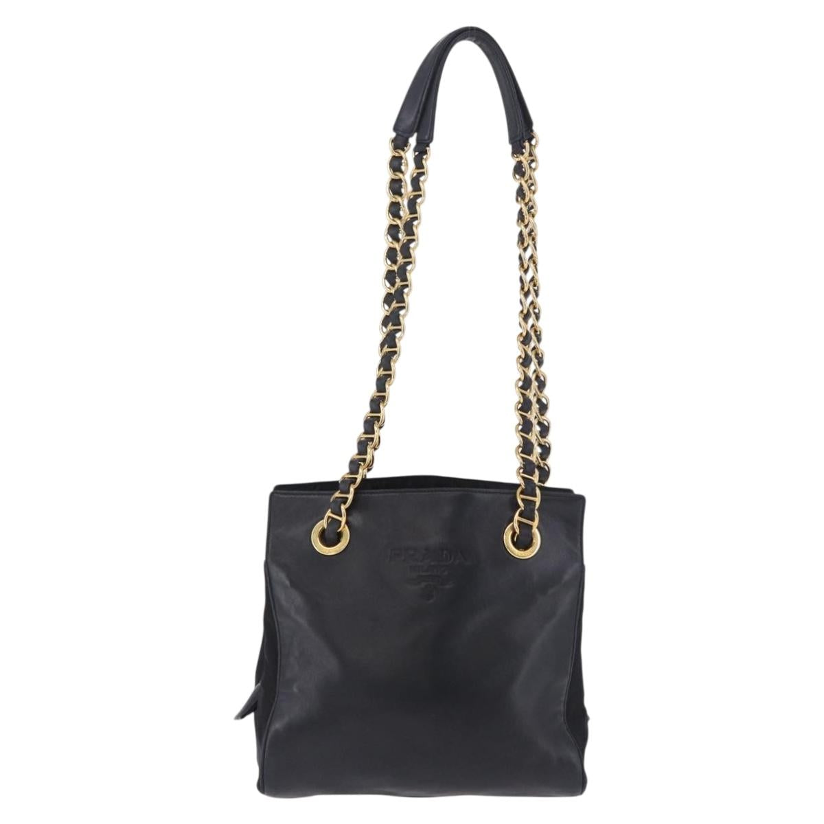 PRADA Chain Shoulder Bag Leather Black Gold Auth 185597A