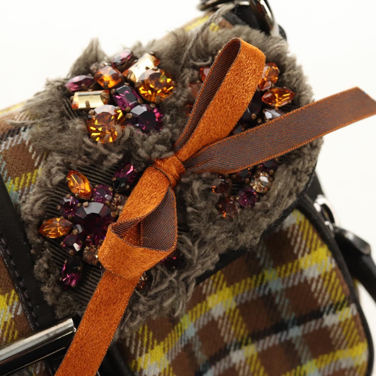 PRADA Chain Shoulder Bag Canvas Brown Silver Auth 185603SM