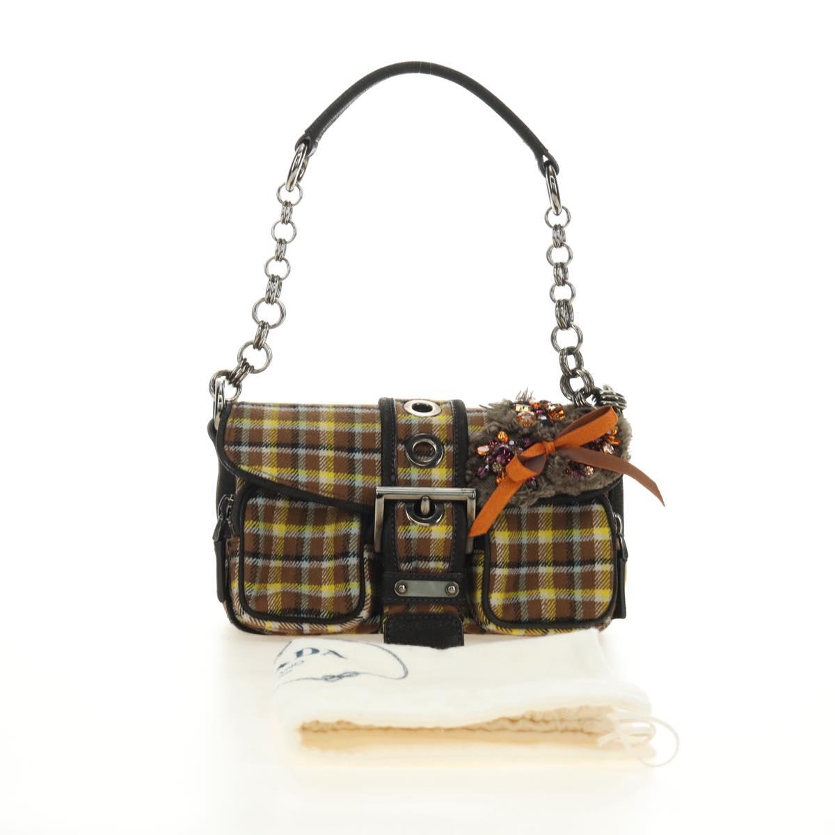 PRADA Chain Shoulder Bag Canvas Brown Silver Auth 185603SM