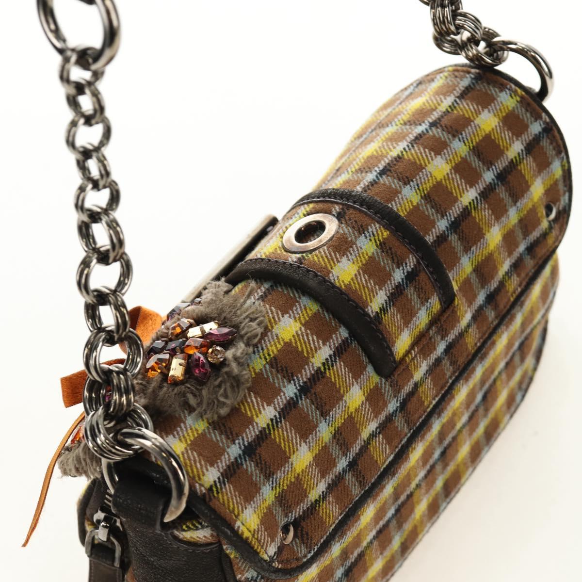 PRADA Chain Shoulder Bag Canvas Brown Silver Auth 185603SM