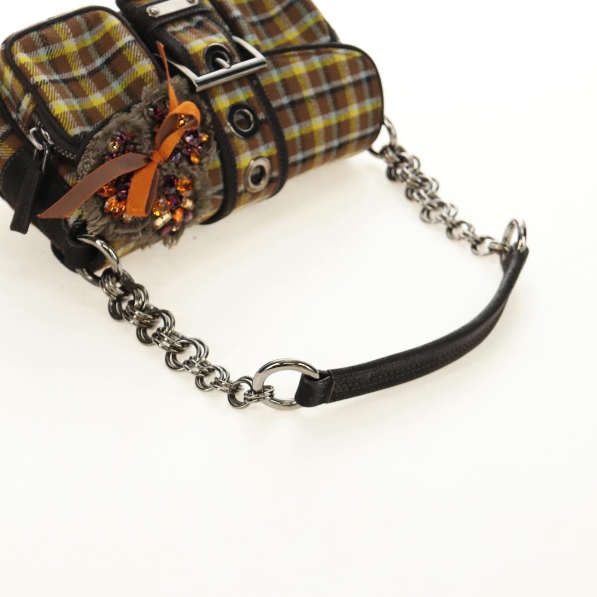 PRADA Chain Shoulder Bag Canvas Brown Silver Auth 185603SM