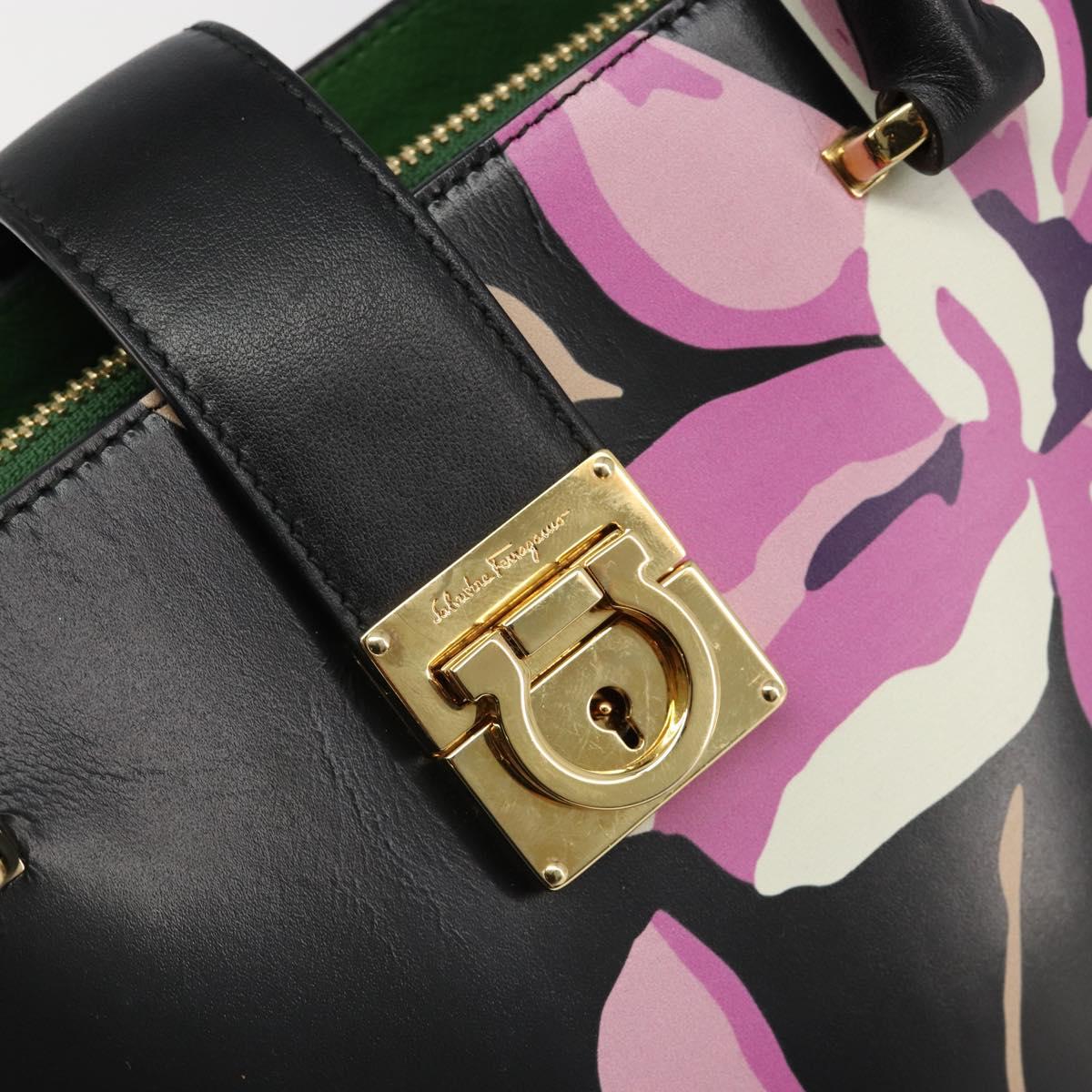 Salvatore Ferragamo Gancini Hand Bag Leather Black Gold Auth 185609A