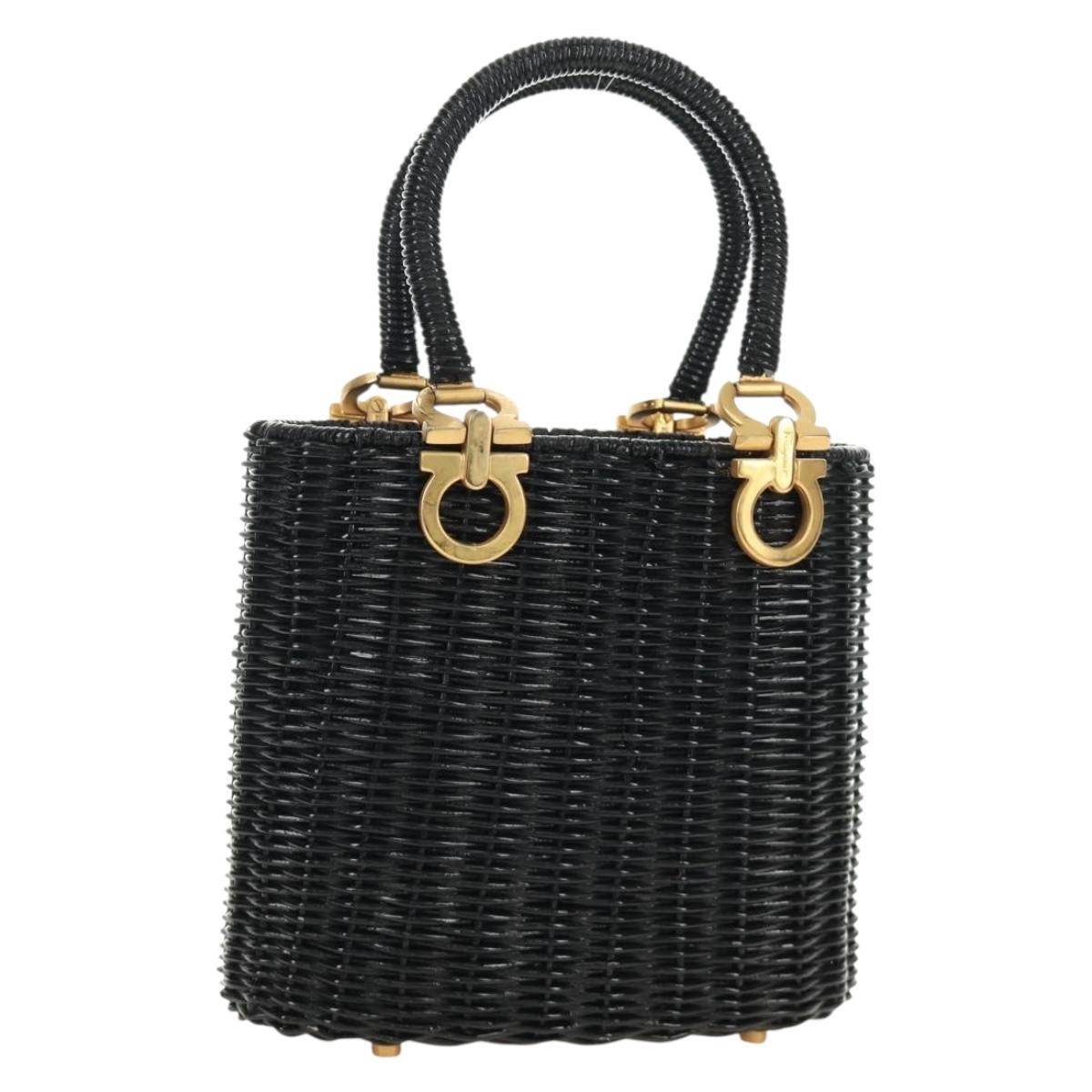 Salvatore Ferragamo Gancini Straw Hand Bag Rattan Black Gold Auth 185618V