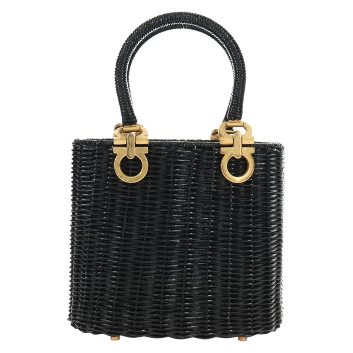 Salvatore Ferragamo Gancini Straw Hand Bag Rattan Black Gold Auth 185618V