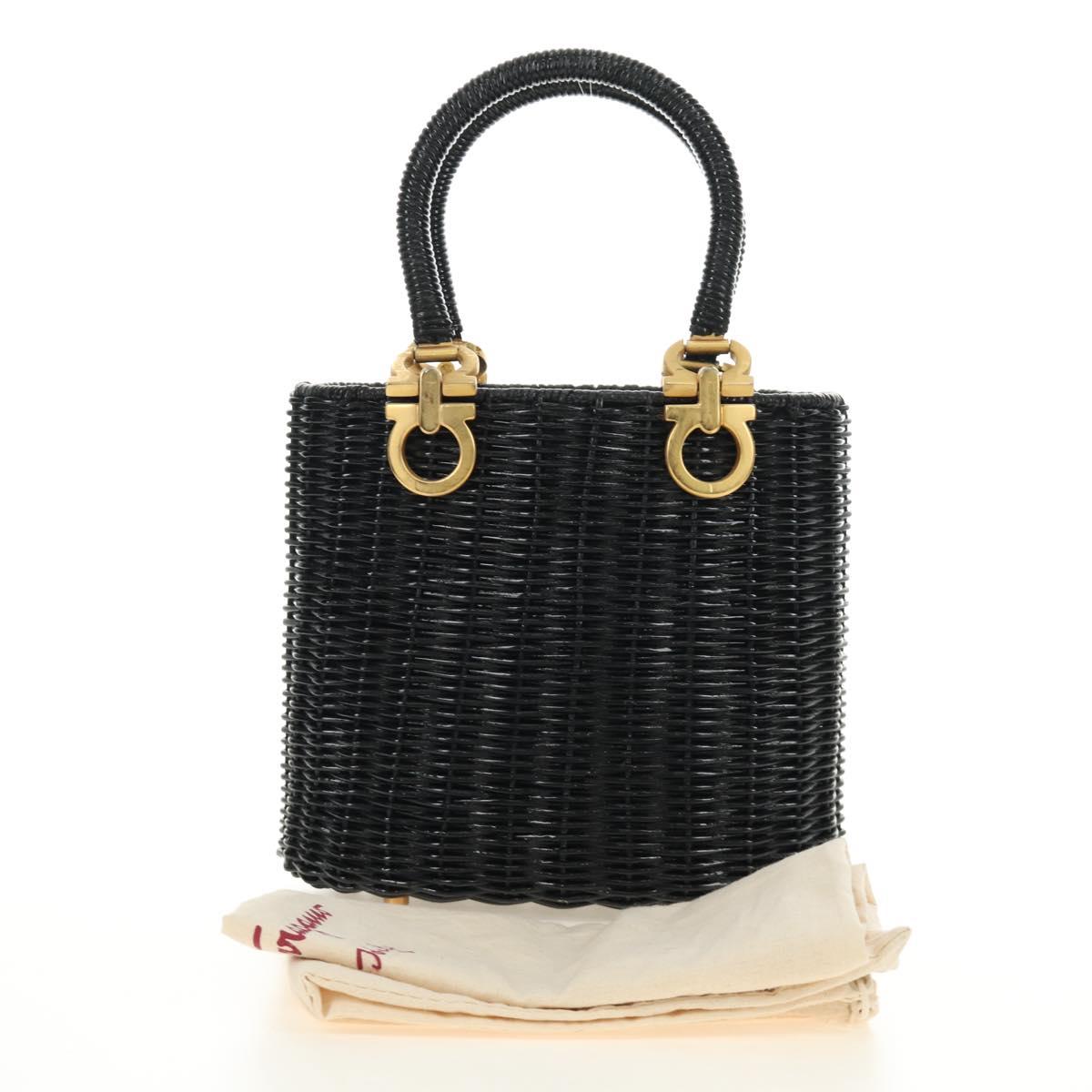 Salvatore Ferragamo Gancini Straw Hand Bag Rattan Black Gold Auth 185618V