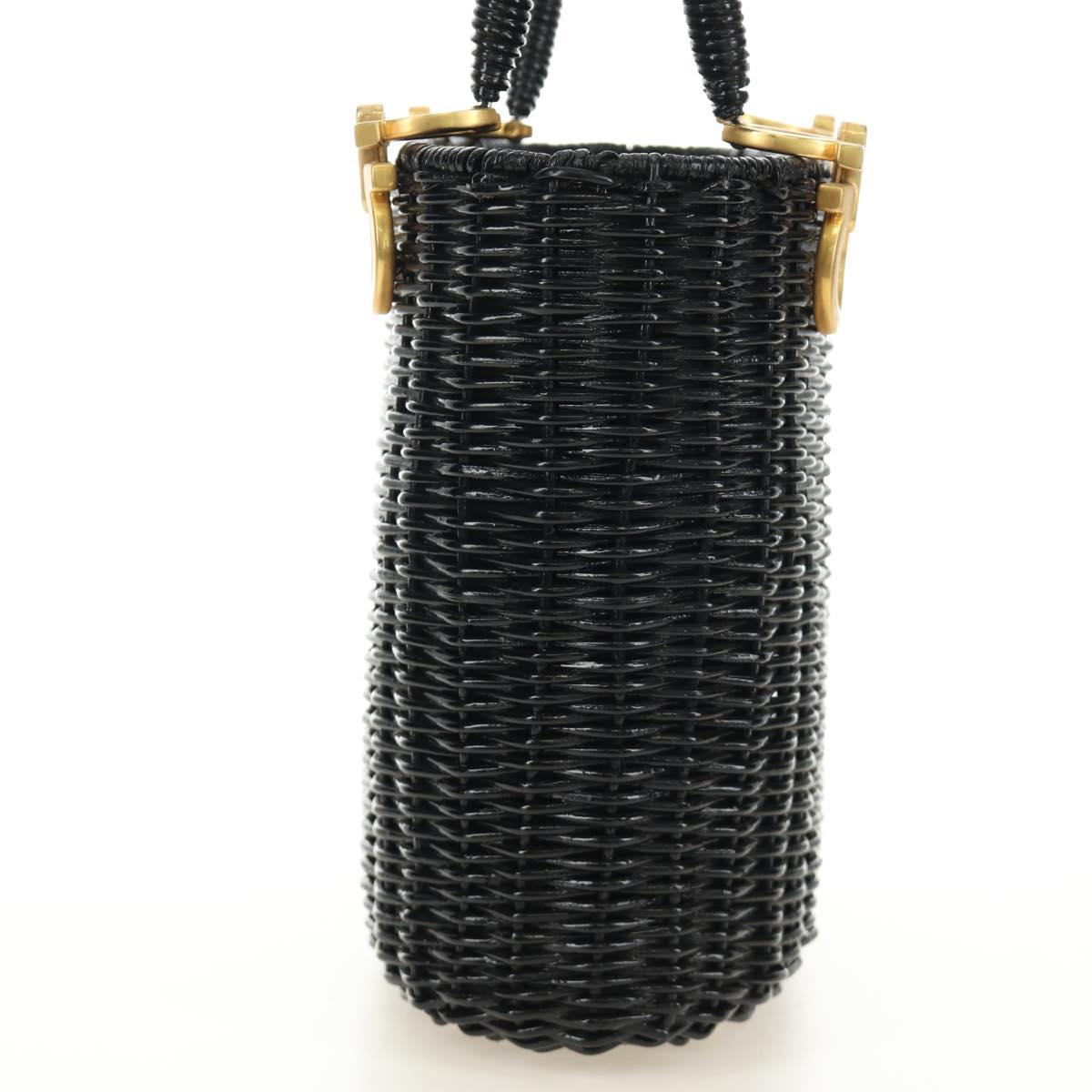 Salvatore Ferragamo Gancini Straw Hand Bag Rattan Black Gold Auth 185618V