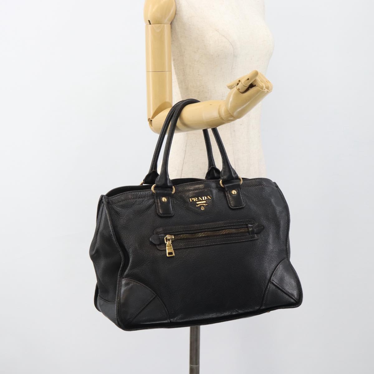 PRADA Tote Bag Leather Black Gold Auth 185629V