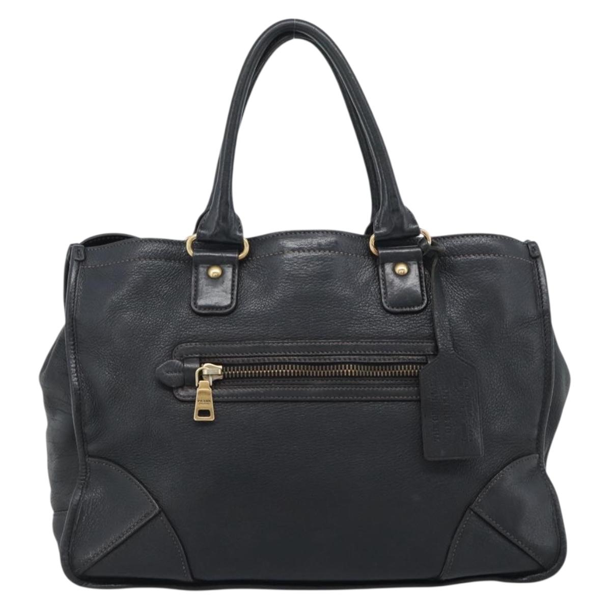 PRADA Tote Bag Leather Black Gold Auth 185629V