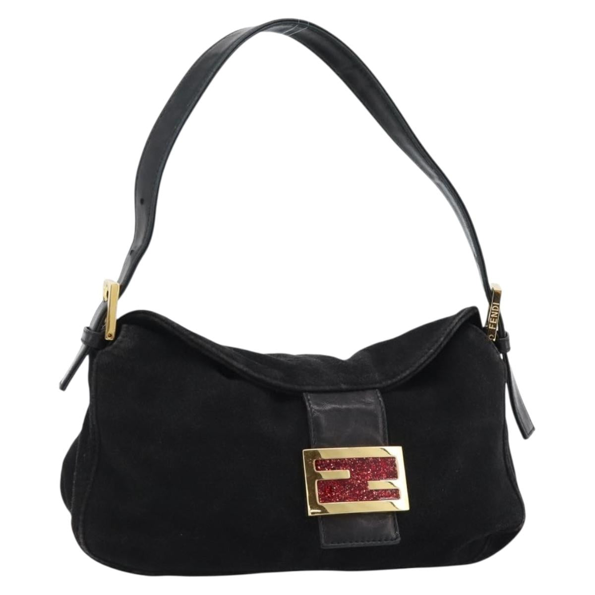 FENDI Mamma Baguette Shoulder Bag Suede Black Gold Auth 185631SAM