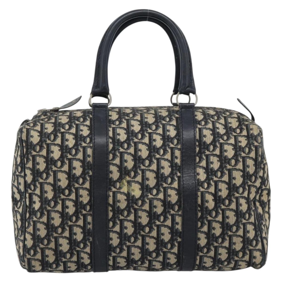 Christian Dior Trotter Canvas Boston Bag Navy Silver Auth 185650