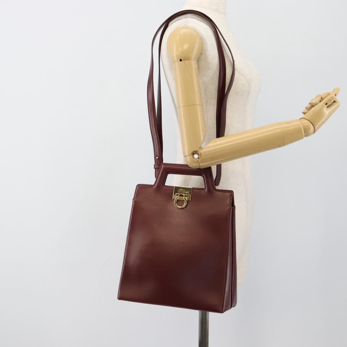 Salvatore Ferragamo Gancini Hand Bag Leather 2way Bordeaux Gold Auth 185652A