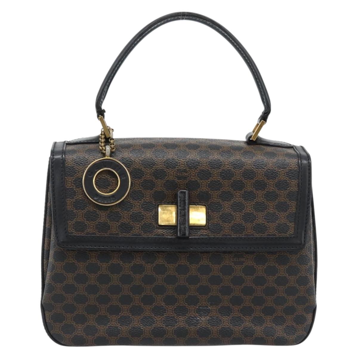 CELINE Macadam Canvas Circle Hand Bag PVC Leather Black Gold Auth 185653A