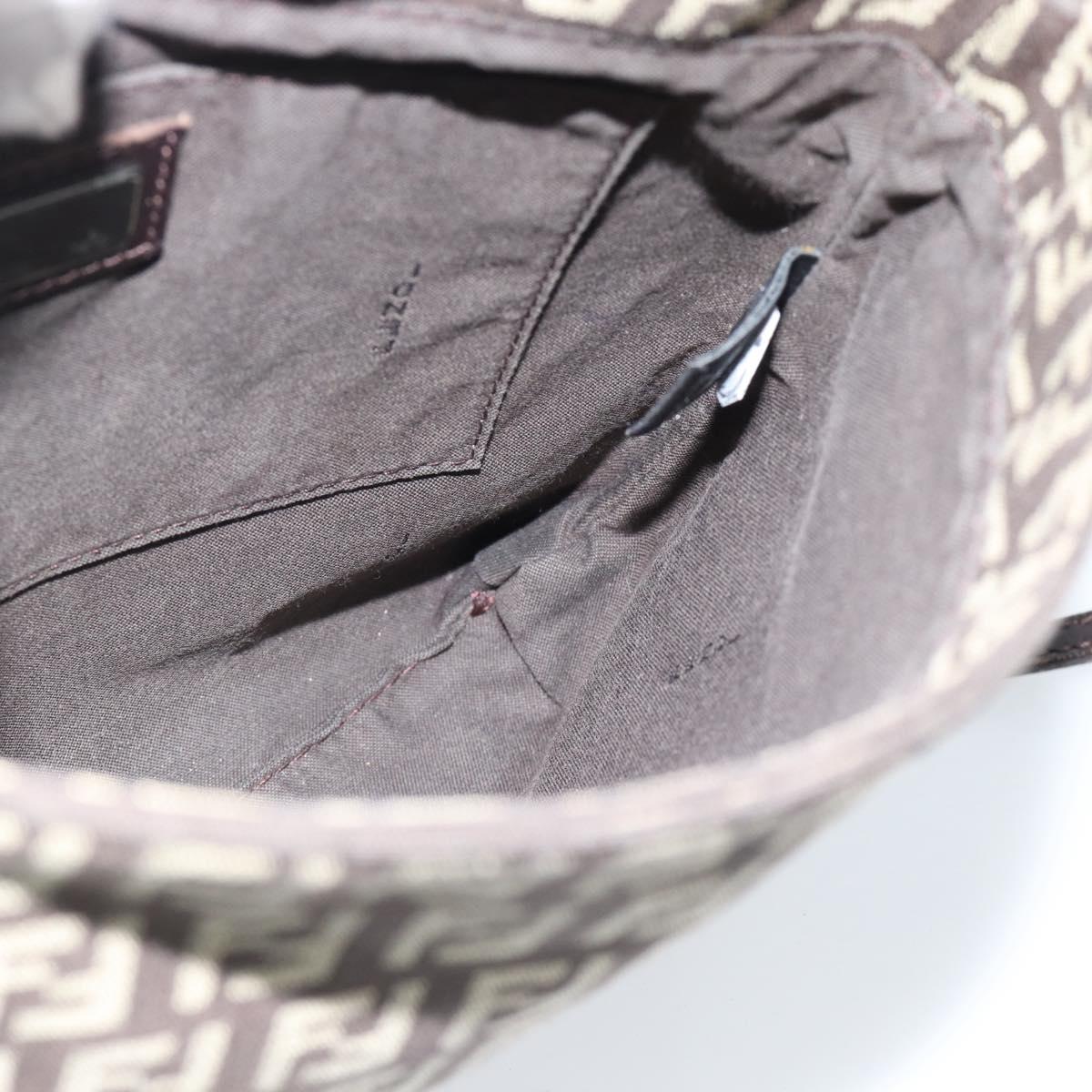 FENDI Zucchino Canvas Shoulder Bag Brown Silver Auth 185660