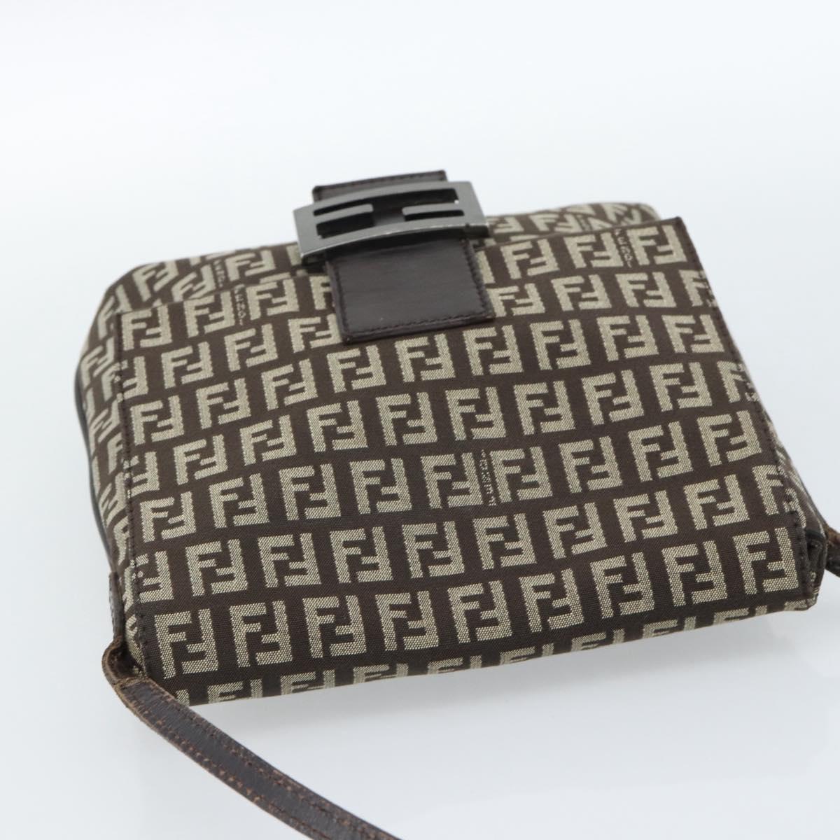 FENDI Zucchino Canvas Shoulder Bag Brown Silver Auth 185660