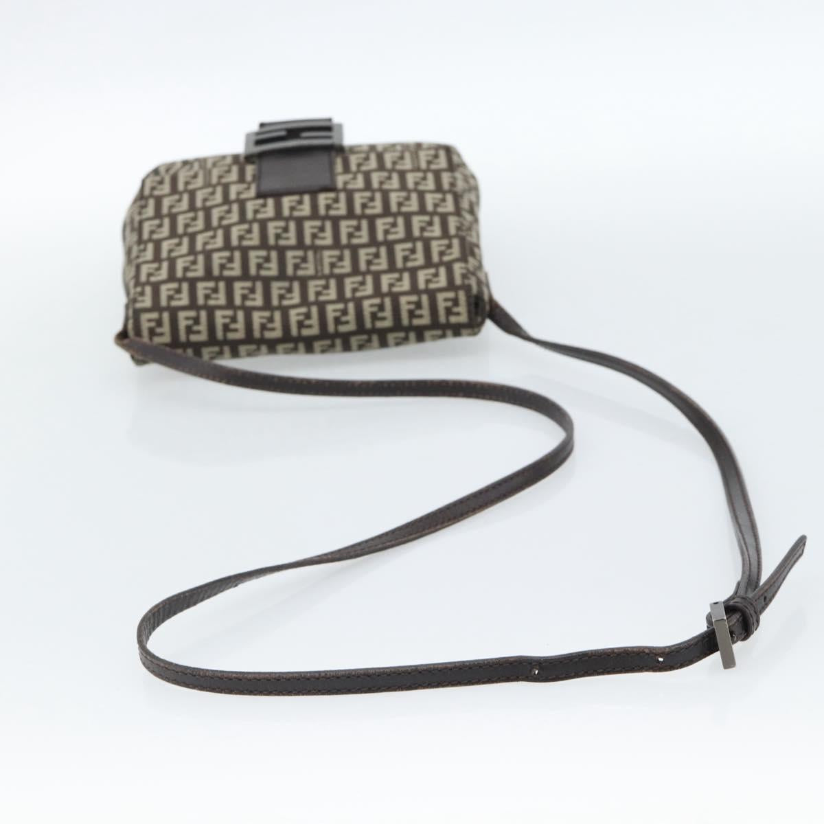 FENDI Zucchino Canvas Shoulder Bag Brown Silver Auth 185660