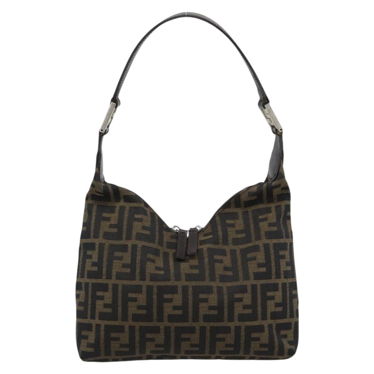 FENDI Zucca Canvas Shoulder Bag Black Brown Auth 185661V