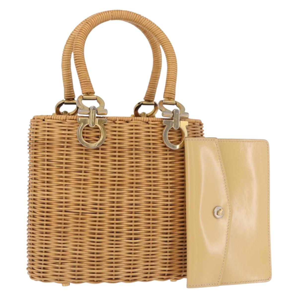 Salvatore Ferragamo Gancini Basket Bag Hand Bag Rattan Brown Gold Auth 185663V