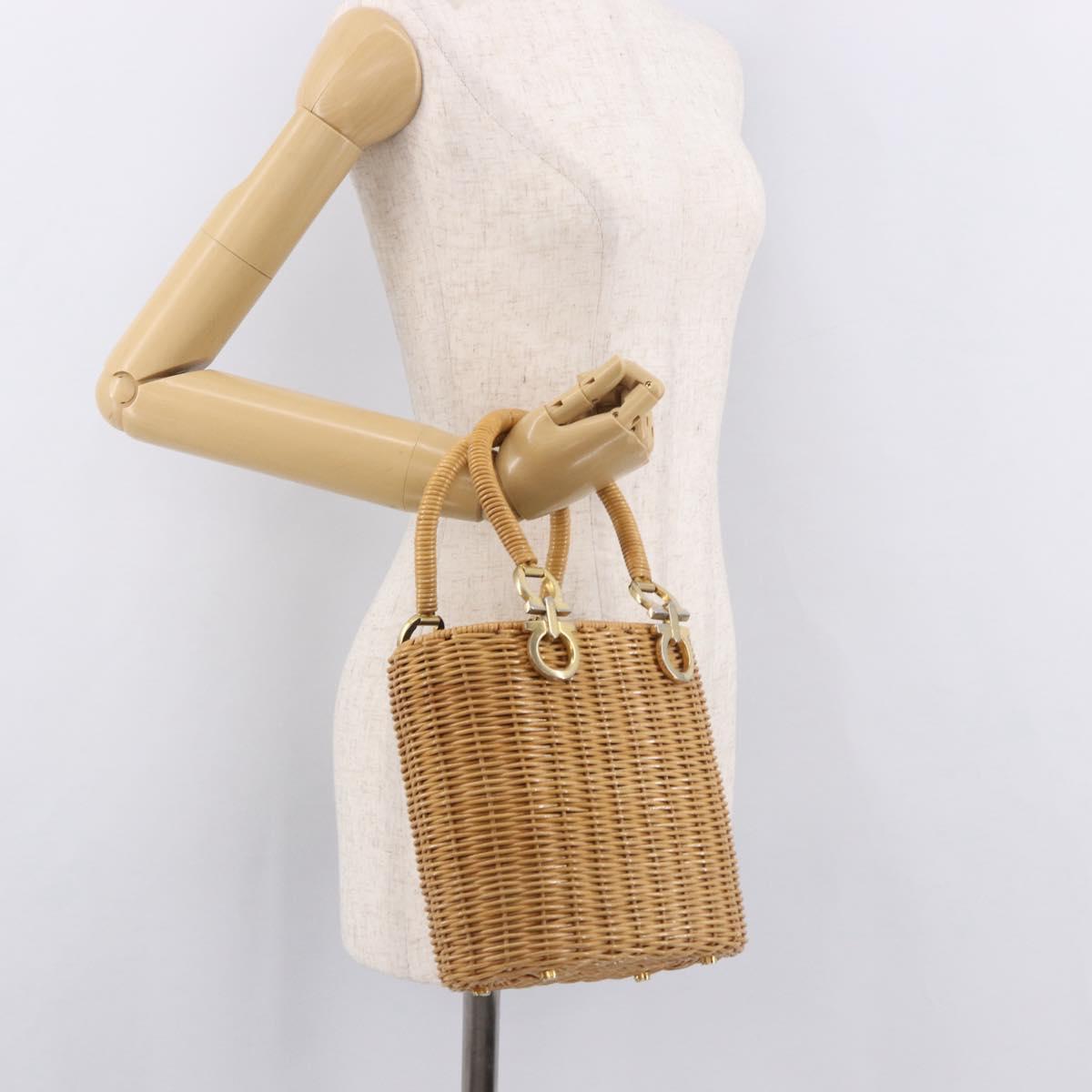 Salvatore Ferragamo Gancini Basket Bag Hand Bag Rattan Brown Gold Auth 185663V