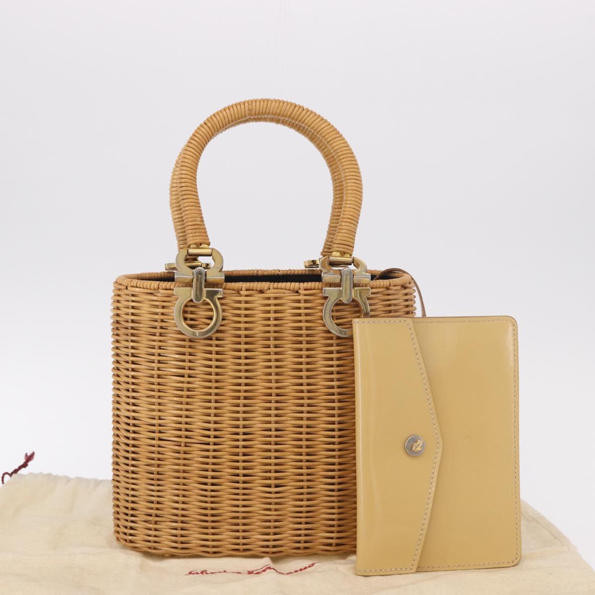 Salvatore Ferragamo Gancini Basket Bag Hand Bag Rattan Brown Gold Auth 185663V