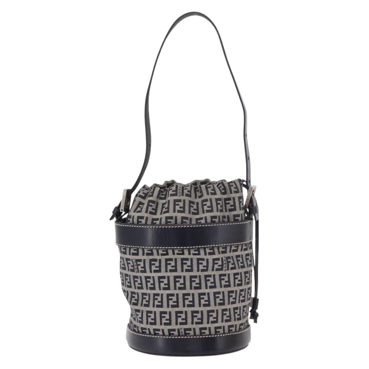 FENDI Zucchino Canvas Purse Shoulder Bag Navy Silver Auth 185672A