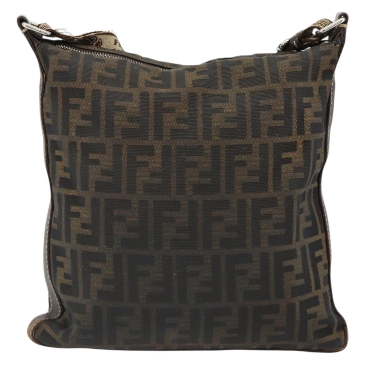 FENDI Zucca Canvas Shoulder Bag Black Brown Auth 185685