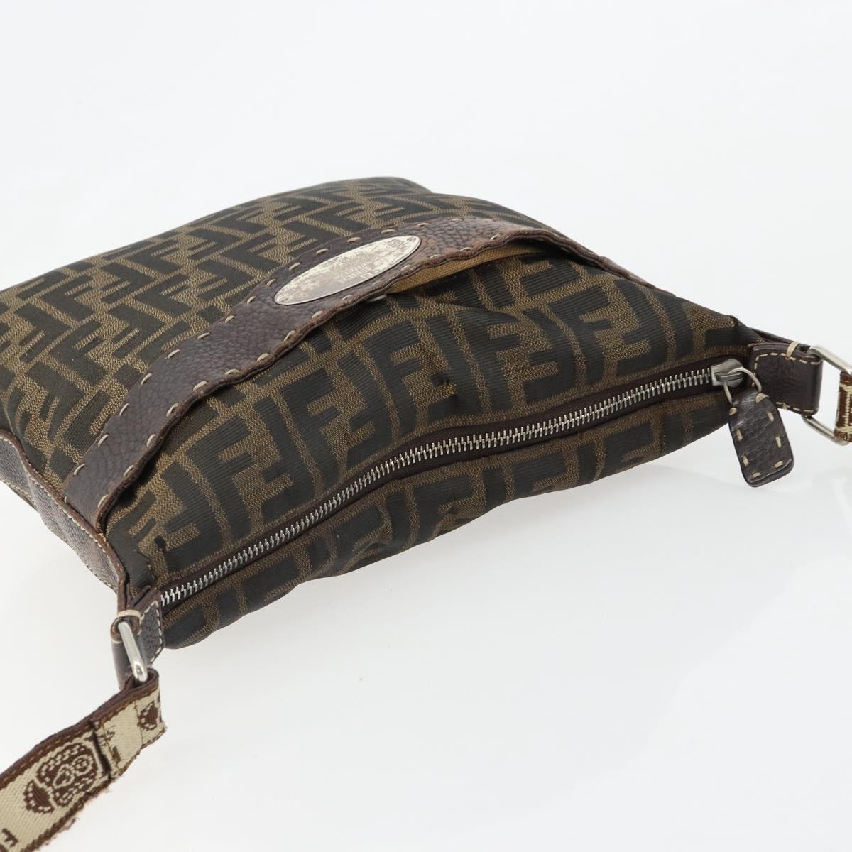 FENDI Zucca Canvas Shoulder Bag Black Brown Auth 185685