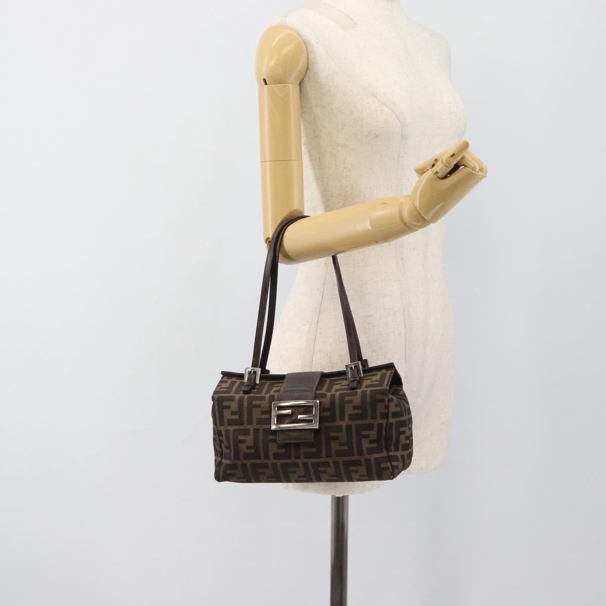 FENDI Zucca Canvas Shoulder Bag Black Brown Auth 185690