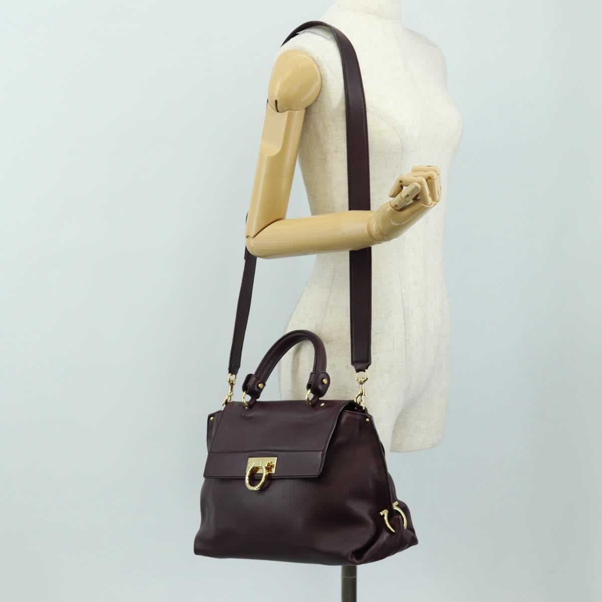 Salvatore Ferragamo Gancini Hand Bag Leather 2way Purple Gold Auth 185691A
