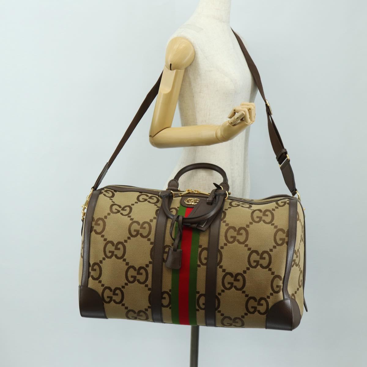 GUCCI Jumbo GG Web Sherry Line Boston Bag 2way Beige Gold 696039 Auth 185694SM